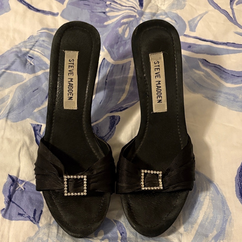 Steve Madden Black Satin Slide Mules with Rhinestone Square Buckle